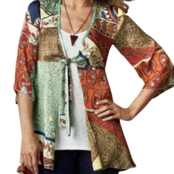 Cabi Boho Mixed Print Paisley Tie Front Silky Satin Trim Kimono Size Small - Picture 1 of 11